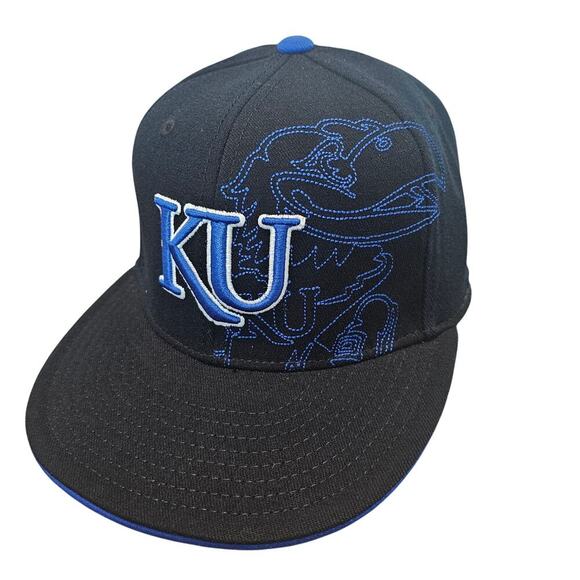 Vintage Kansas University Jayhawks Fitted Hat Cap 90s KU Black Blue Flat Bill - Picture 1 of 9